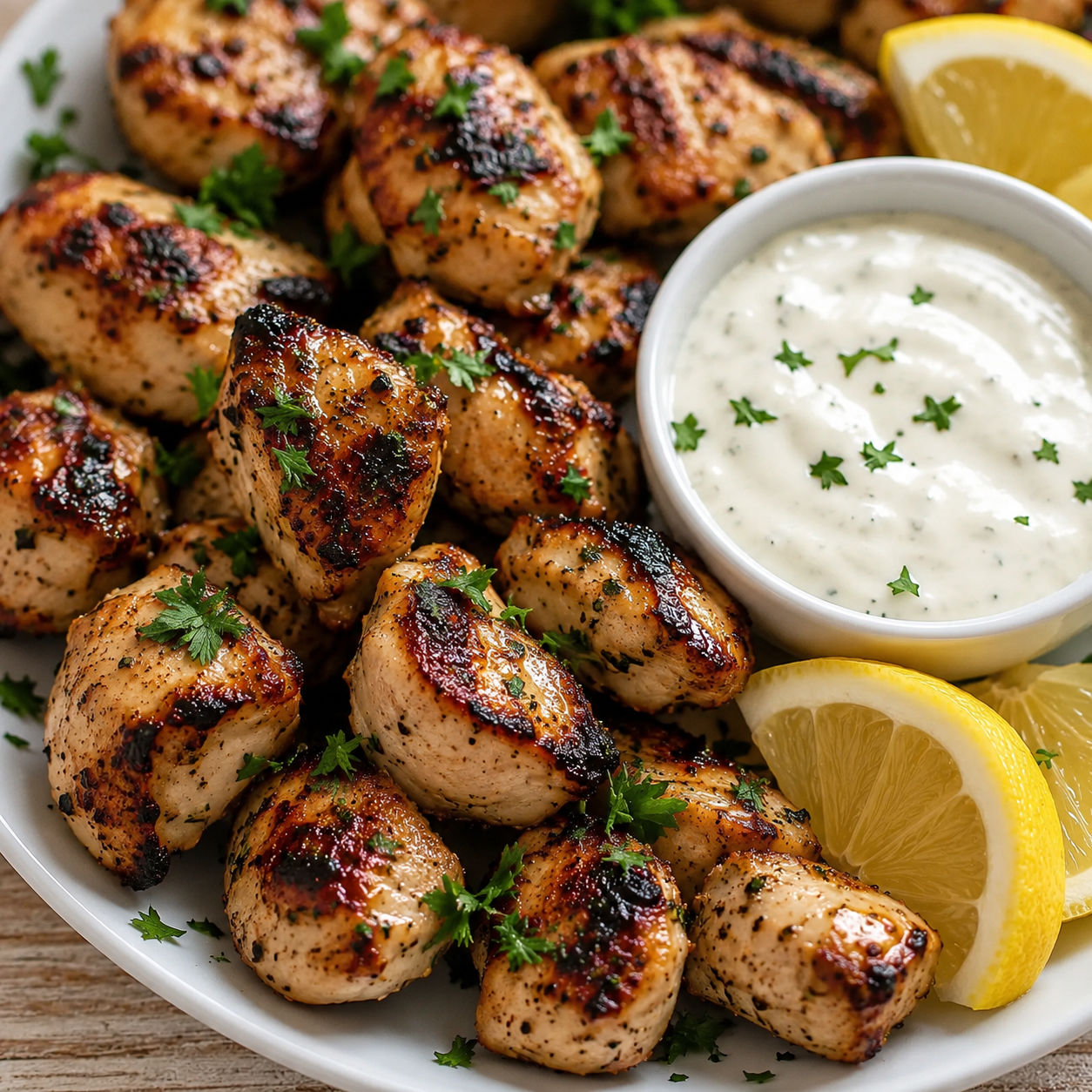 Grilled chicken bites with creamy garlic dipping sauce and lemon wedges