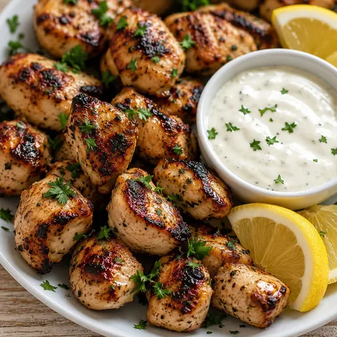Grilled chicken bites with creamy garlic dipping sauce and lemon wedges