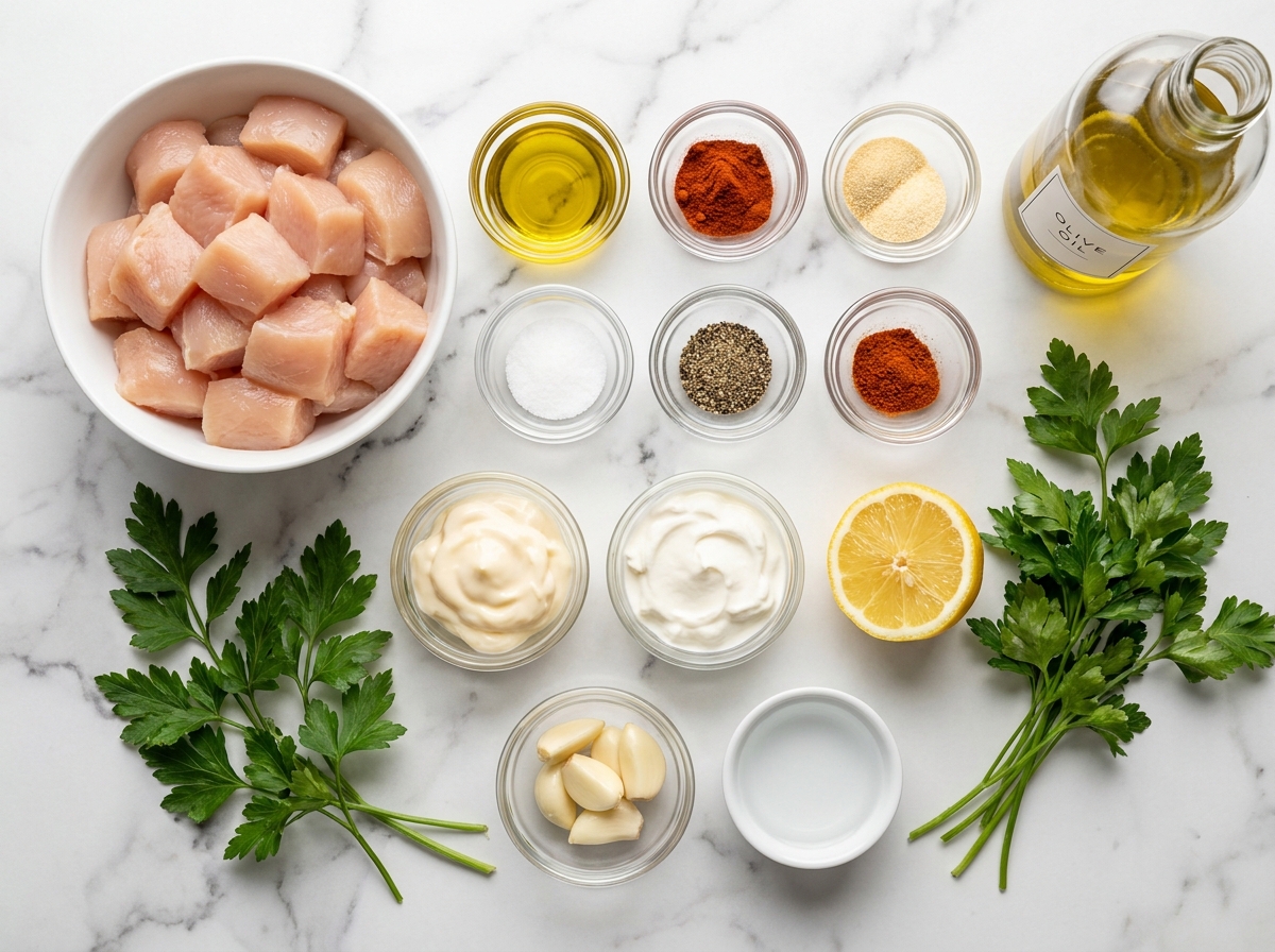 Raw chicken, spices, garlic, lemon, sour cream, and mayo for chicken bites