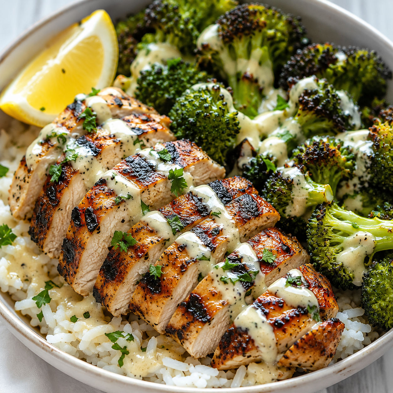Grilled chicken and broccoli rice bowl with creamy garlic sauce