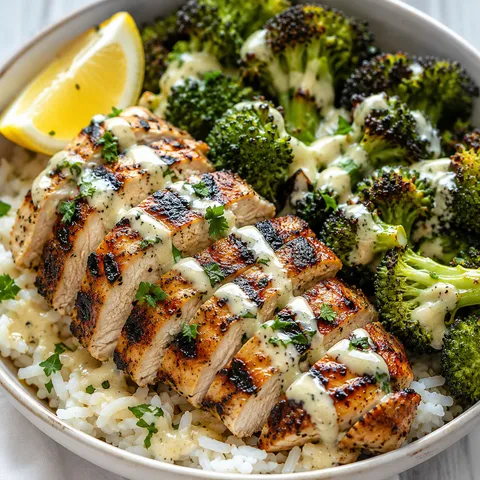 Grilled chicken and broccoli rice bowl with creamy garlic sauce