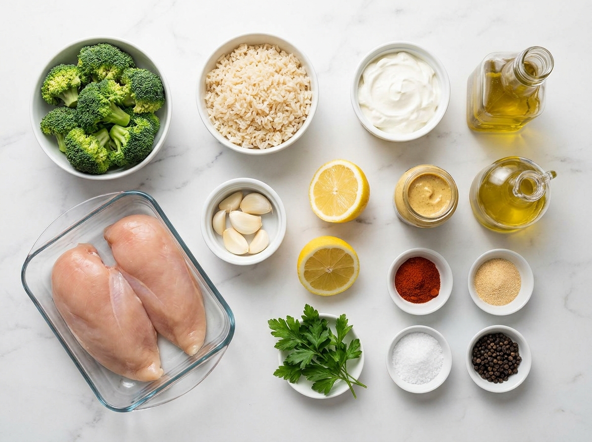 Chicken, broccoli, rice, yogurt, garlic, lemon, and herbs for bowls