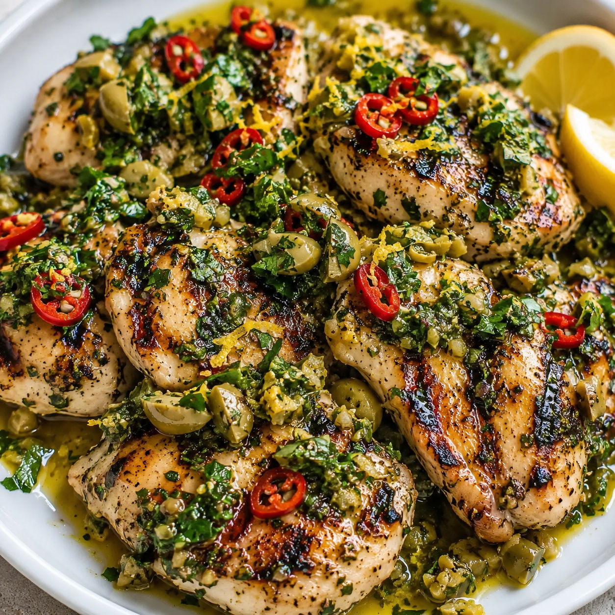 Grilled chicken with parsley-olive sauce, green olives, chile, and lemon