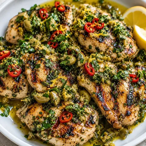 Grilled chicken with parsley-olive sauce, green olives, chile, and lemon