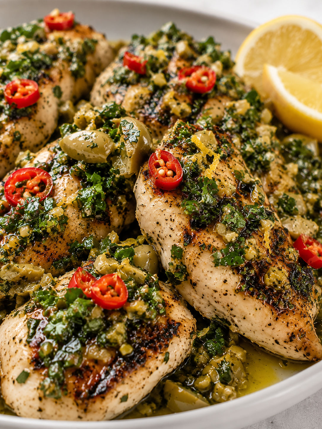 Grilled Chicken with Parsley-Olive Sauce, plated and served