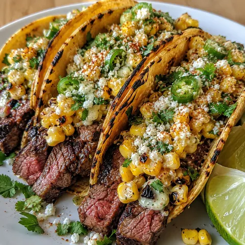 Grilled elote steak tacos with cotija, corn, cilantro, and lime