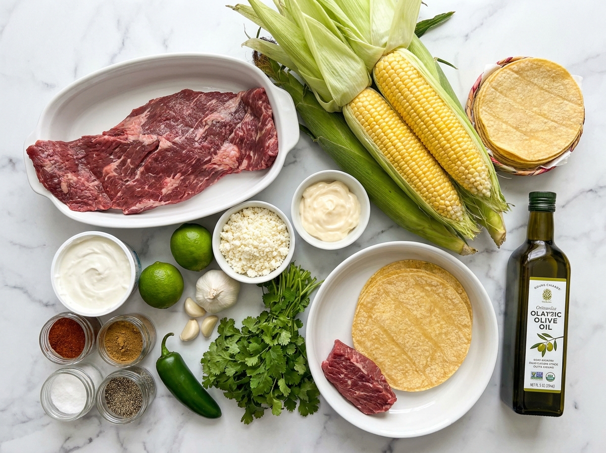 Ingredients for elote steak tacos with corn, steak, cotija, and lime