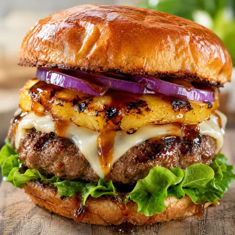 Hawaiian teriyaki burger with grilled pineapple and Swiss cheese