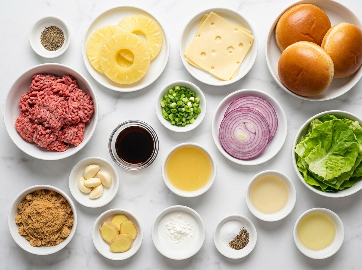 Ingredients for Hawaiian teriyaki burgers with pineapple and buns