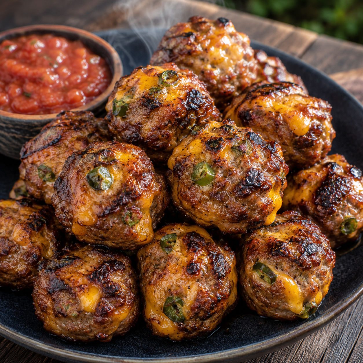 Grilled jalapeño cheddar meatballs with melted cheese on a dark plate
