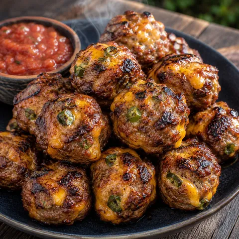 Grilled jalapeño cheddar meatballs with melted cheese on a dark plate