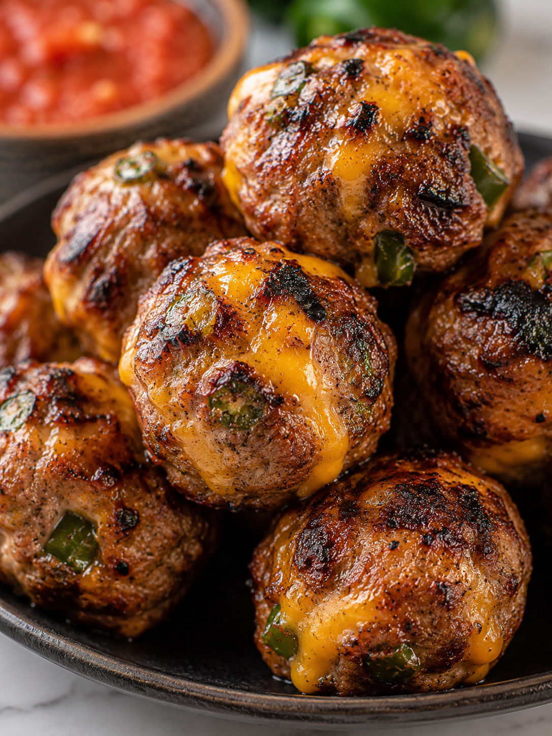 Grilled Jalapeño Cheddar Meatballs, plated and served