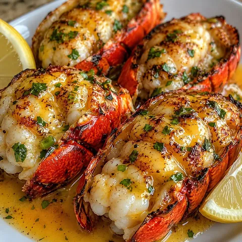 Grilled lobster tails with cowboy butter, herbs, and lemon wedges