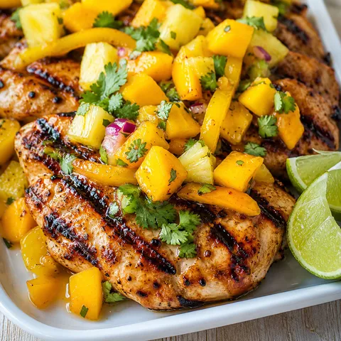 Grilled mango pineapple chicken with peppers, cilantro, and lime