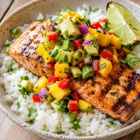 Grilled salmon over coconut rice with mango avocado salsa and lime