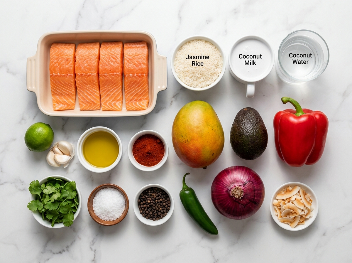 Ingredients for grilled salmon with coconut rice and mango salsa