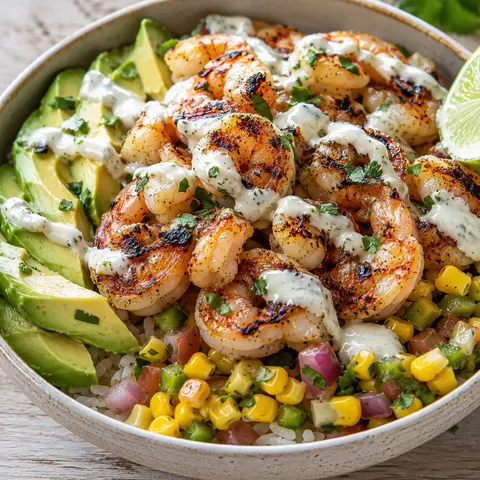 Grilled shrimp bowl with avocado, corn salsa, rice, and creamy sauce