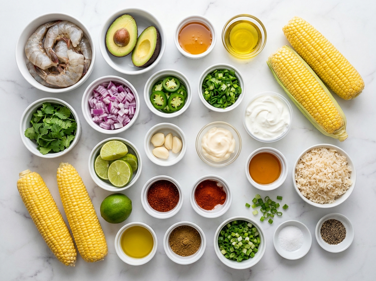 Ingredients for grilled shrimp bowls with avocado, corn, lime, and sauce
