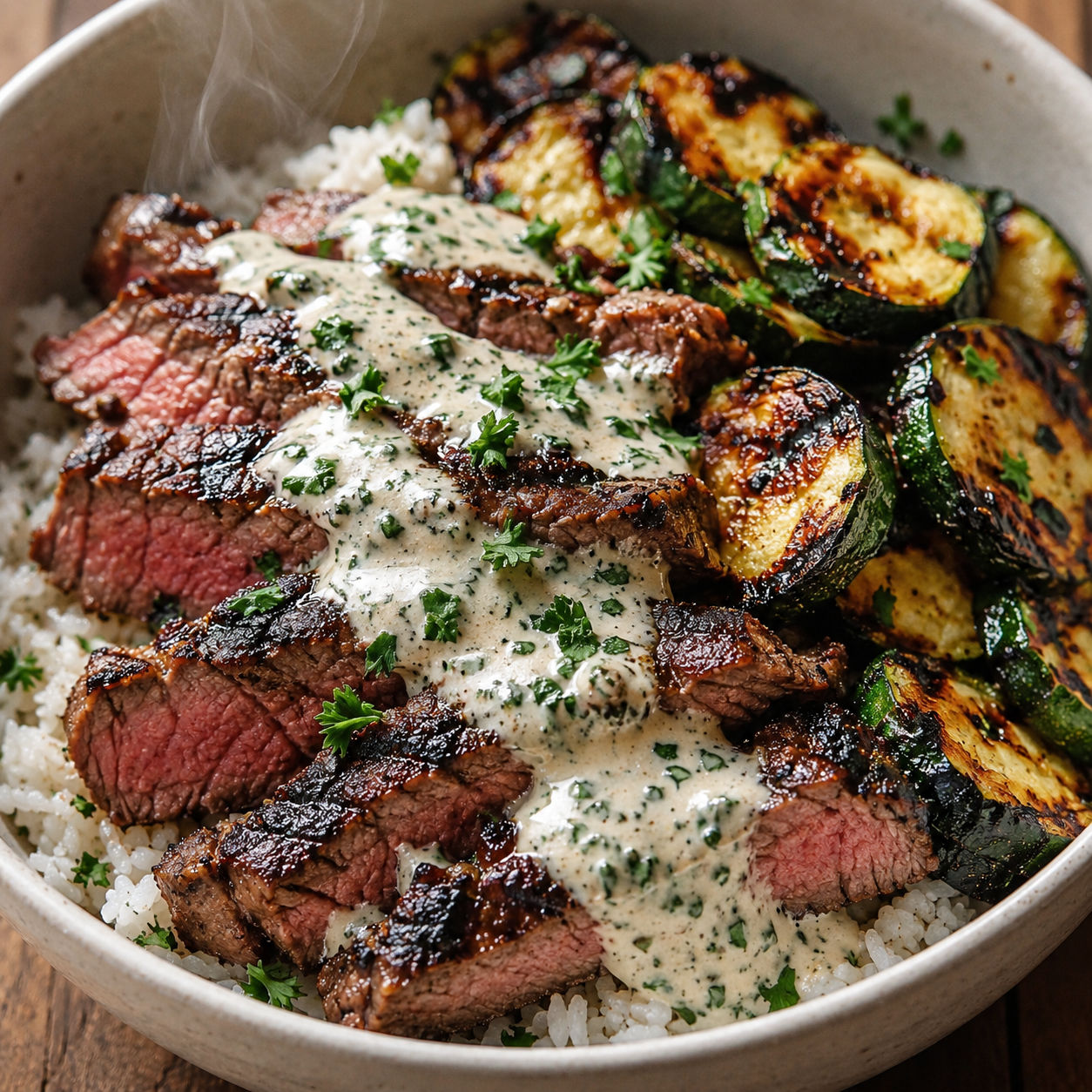 Grilled steak bowl with charred zucchini, rice, and creamy herb sauce
