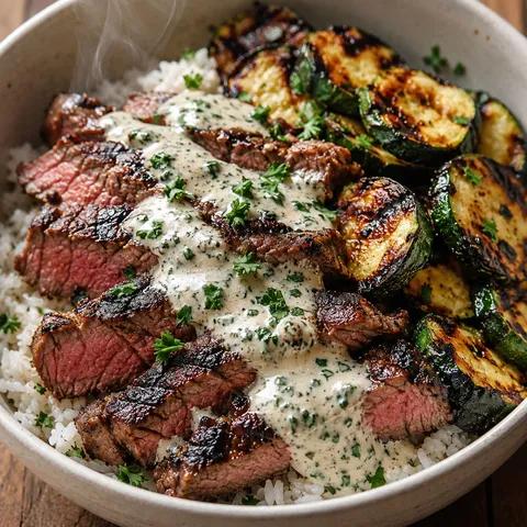 Grilled steak bowl with charred zucchini, rice, and creamy herb sauce