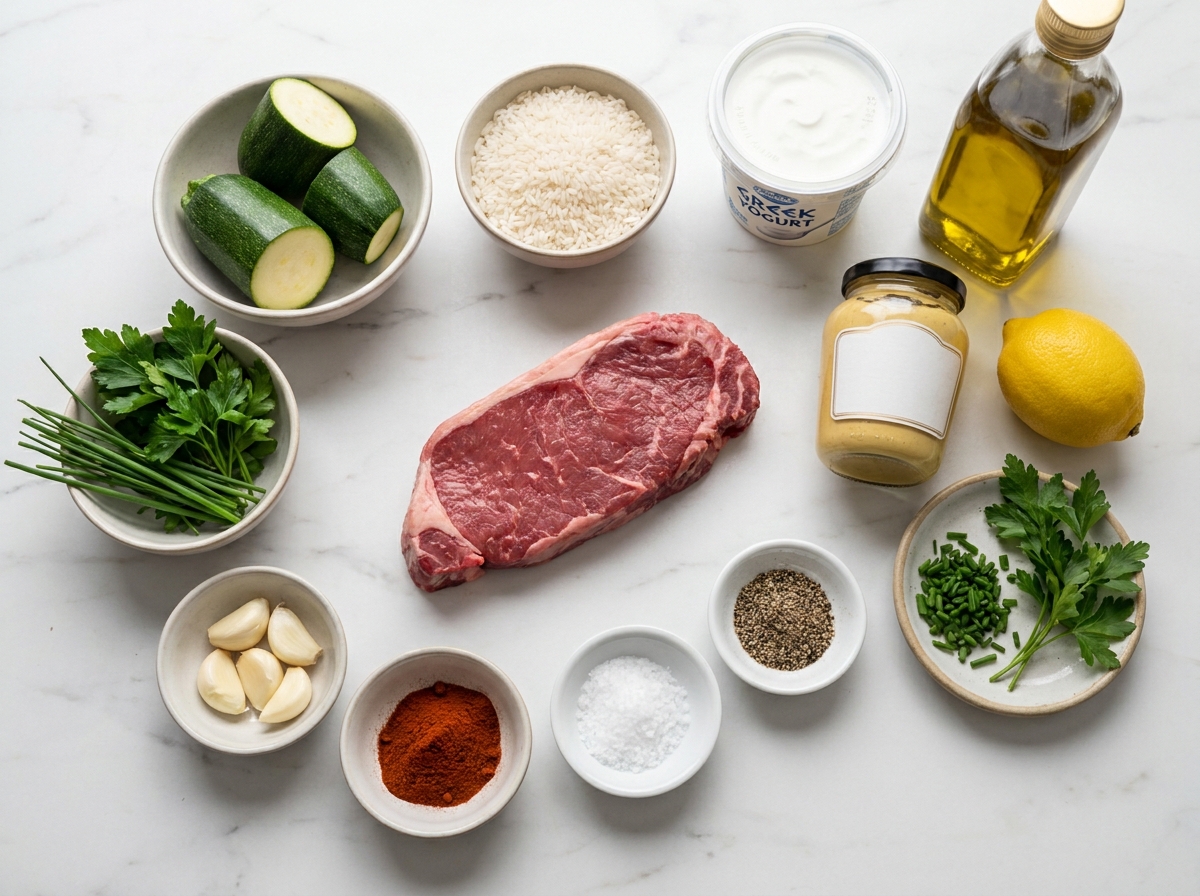 Raw ingredients for grilled steak bowl with zucchini, steak, and herbs