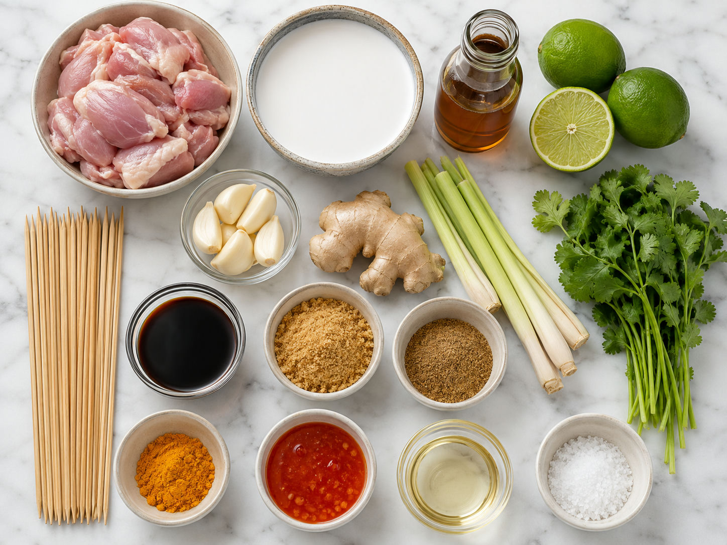 Ingredients for Thai coconut chicken skewers with lime and lemongrass