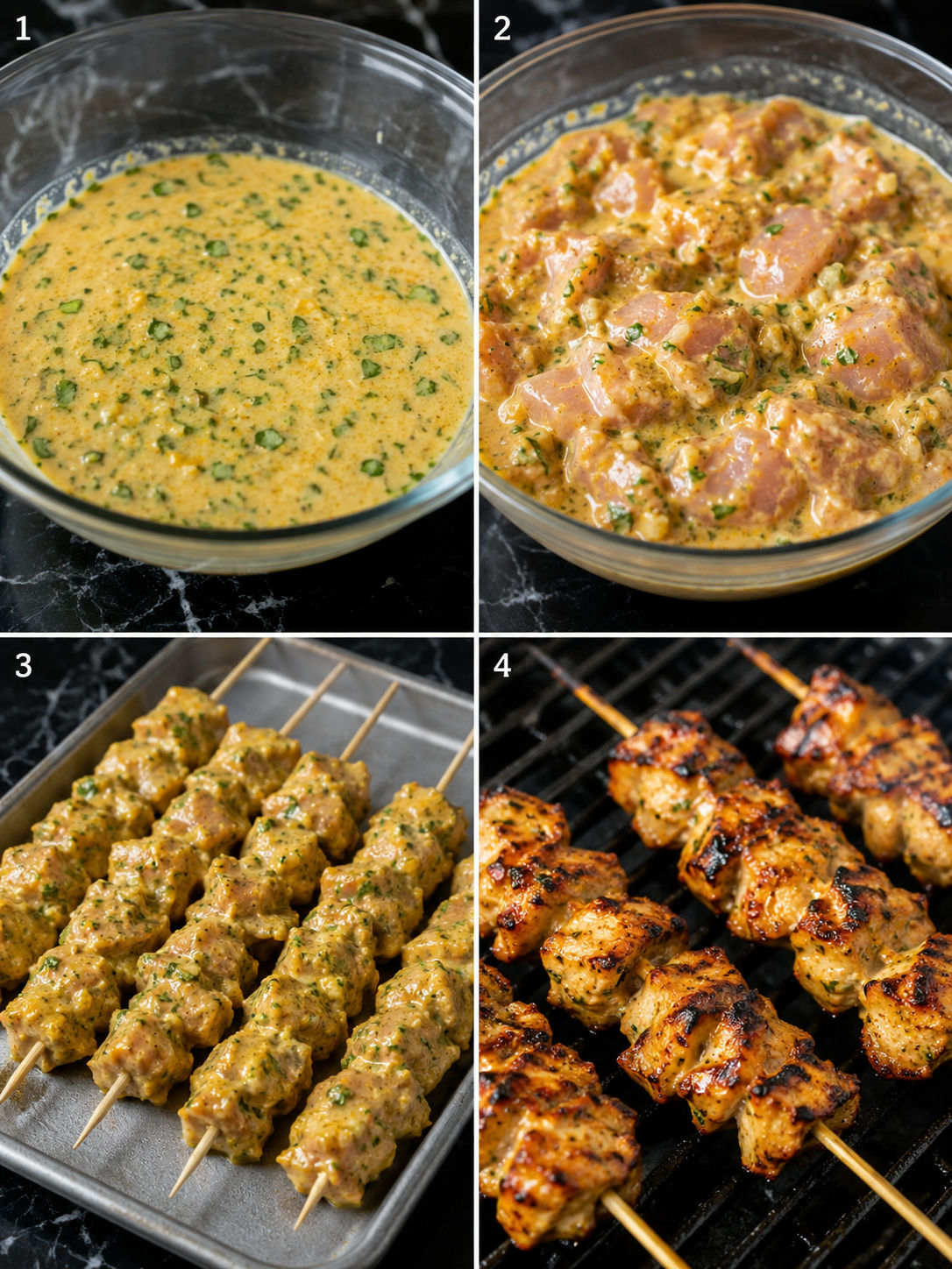 Four steps for marinating, skewering, and grilling coconut chicken