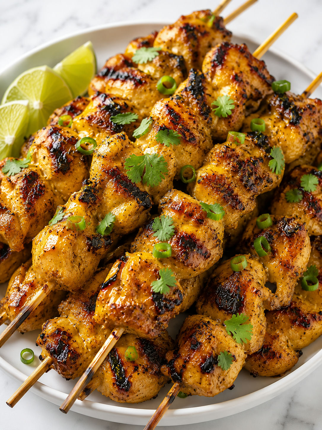 Charred Thai coconut chicken skewers with cilantro and lime