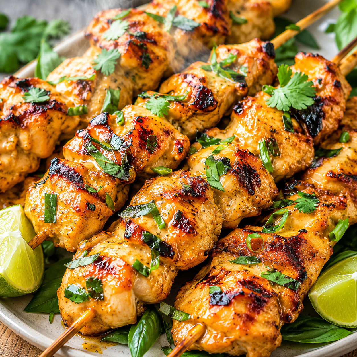 Grilled Thai coconut chicken skewers with cilantro, basil, and lime wedges