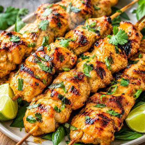 Grilled Thai coconut chicken skewers with cilantro, basil, and lime wedges