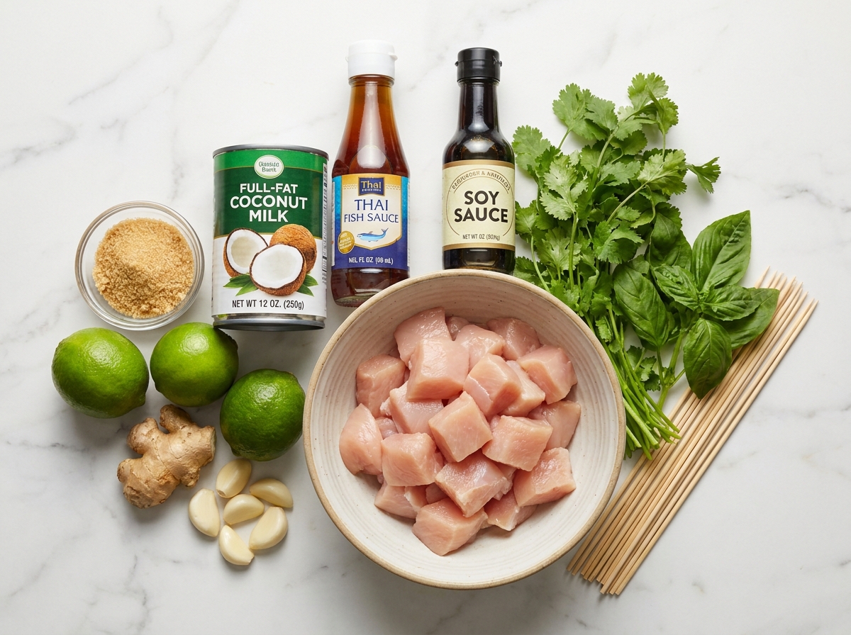 Raw ingredients for Thai coconut chicken skewers on a wooden surface