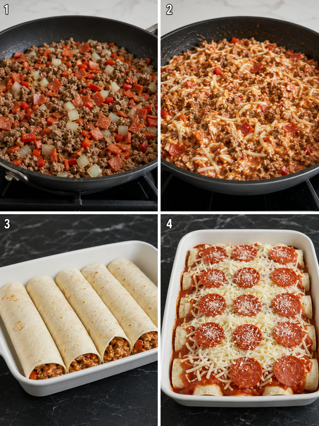 Four steps for making ground beef pizza enchiladas