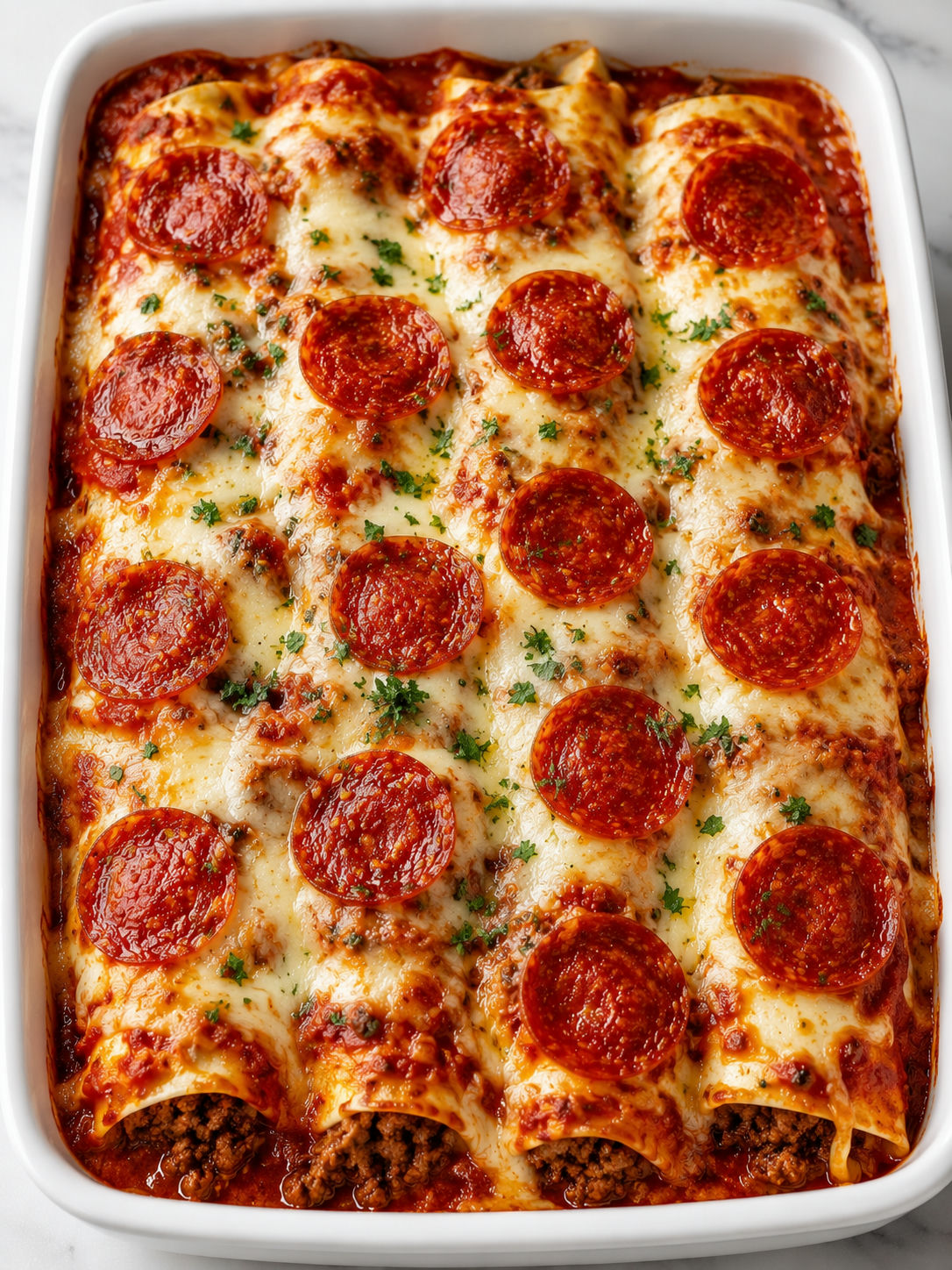 Saucy ground beef pizza enchiladas with pepperoni and parsley