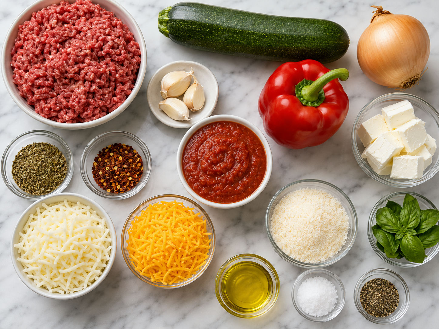 Ingredients for ground beef zucchini bake with cheese and marinara