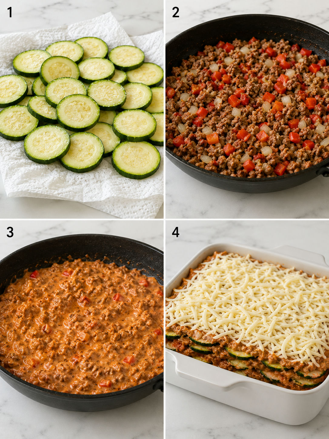 Four cooking steps for ground beef zucchini bake with cheese