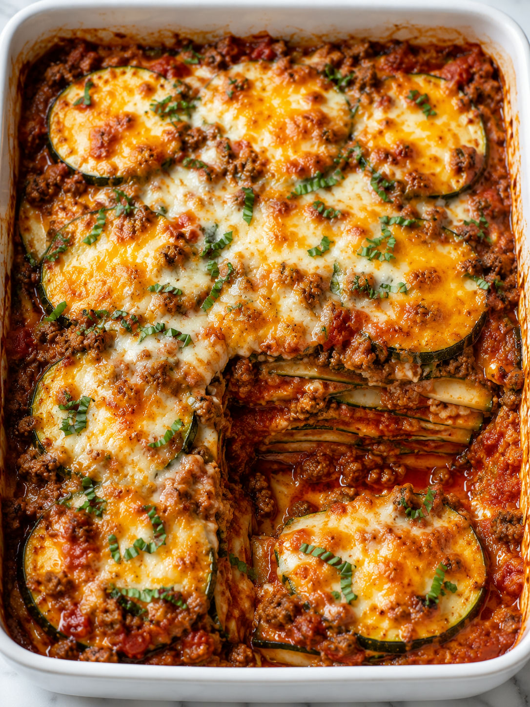 Served square of cheesy ground beef zucchini bake with basil
