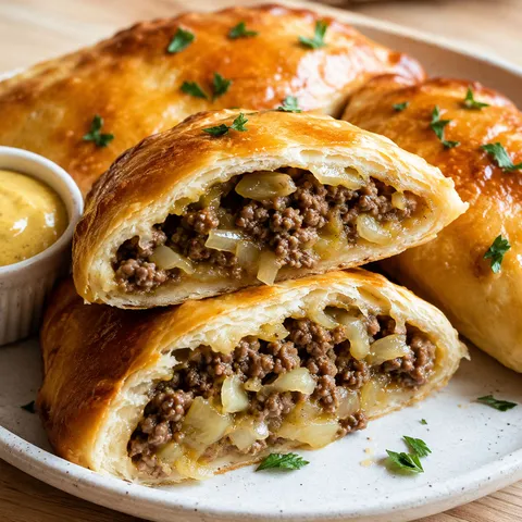 Golden beef and cabbage pockets split open with savory filling