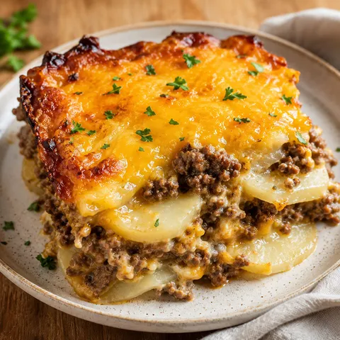 Ground beef and potato casserole with melted cheddar and parsley