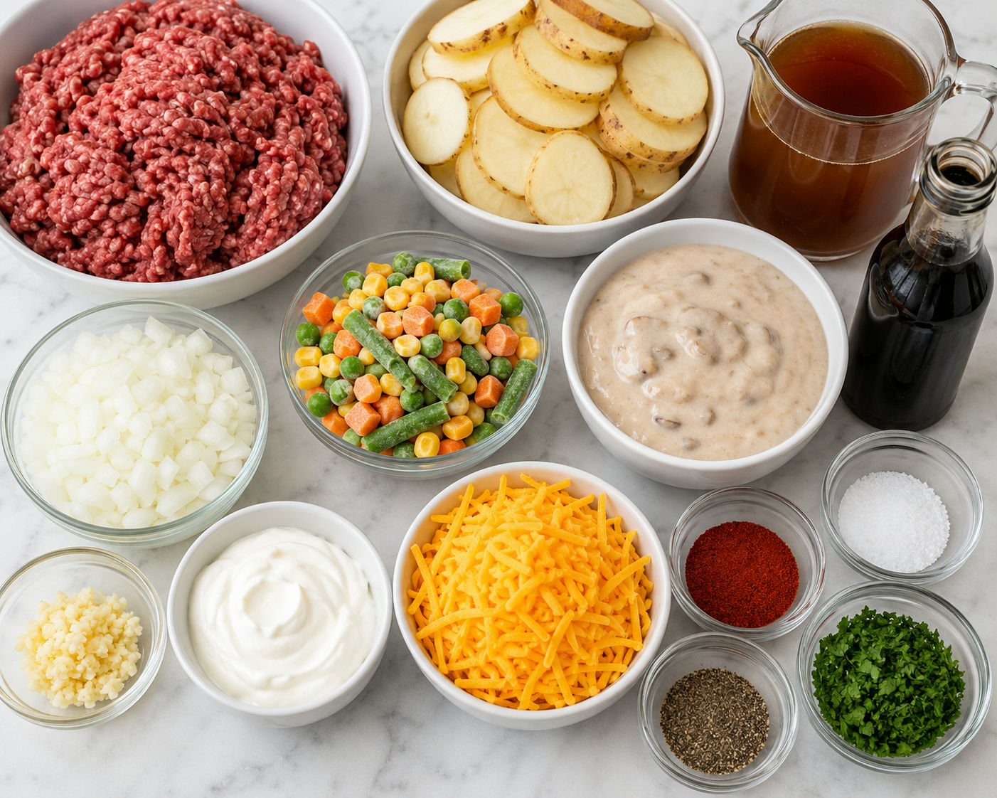 Ingredients for ground beef veggie casserole with potatoes and cheddar