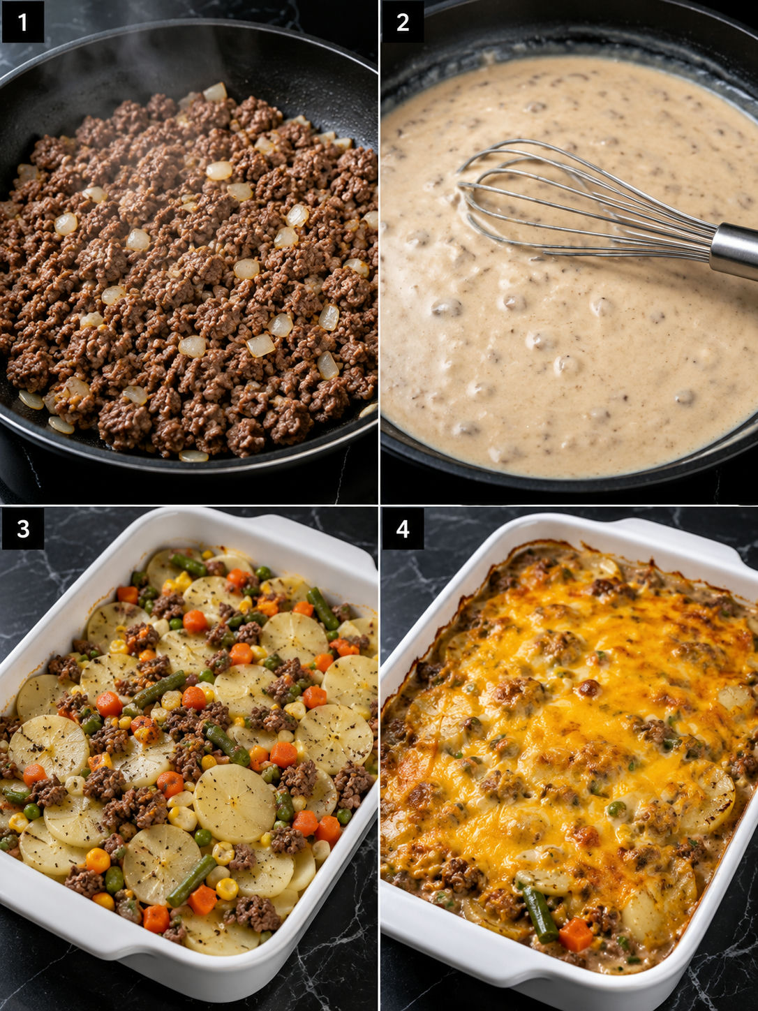 Steps for making ground beef veggie hobo casserole in a baking dish