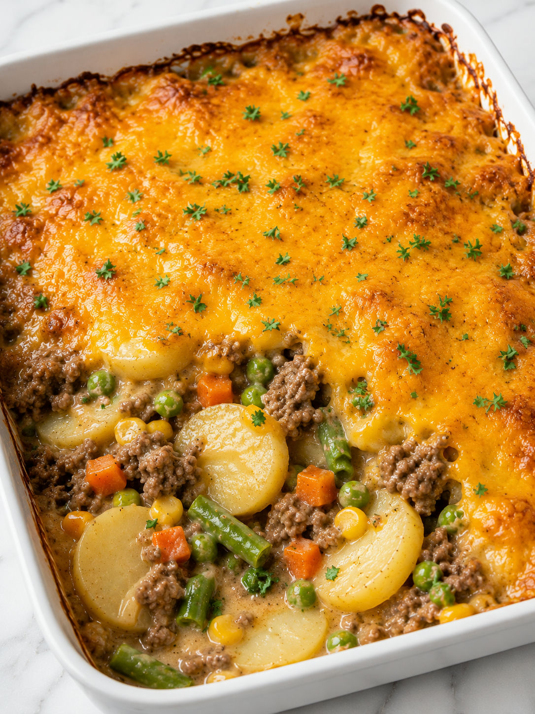 Ground beef veggie hobo casserole with cheddar potatoes and mixed vegetables