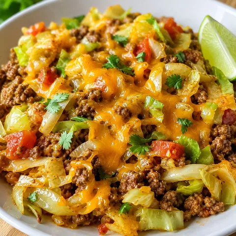 Ground beef taco cabbage skillet with melted cheddar and cilantro