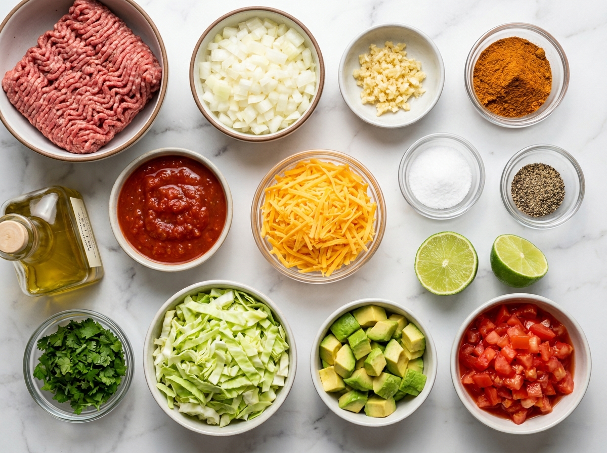Ingredients for ground beef taco cabbage with cheddar, salsa, lime, and cilantro