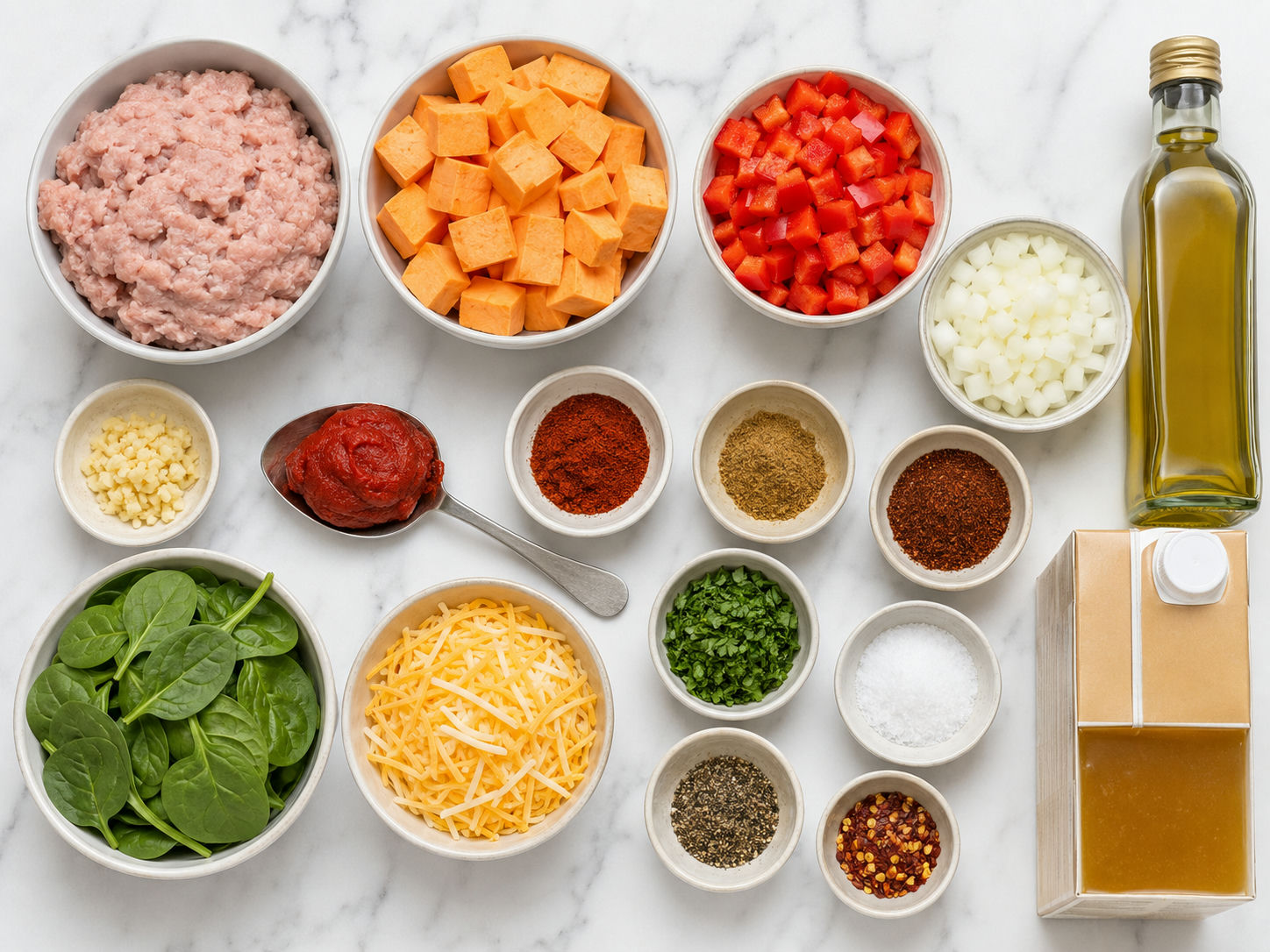 Raw ingredients for ground turkey sweet potato skillet on a wooden surface