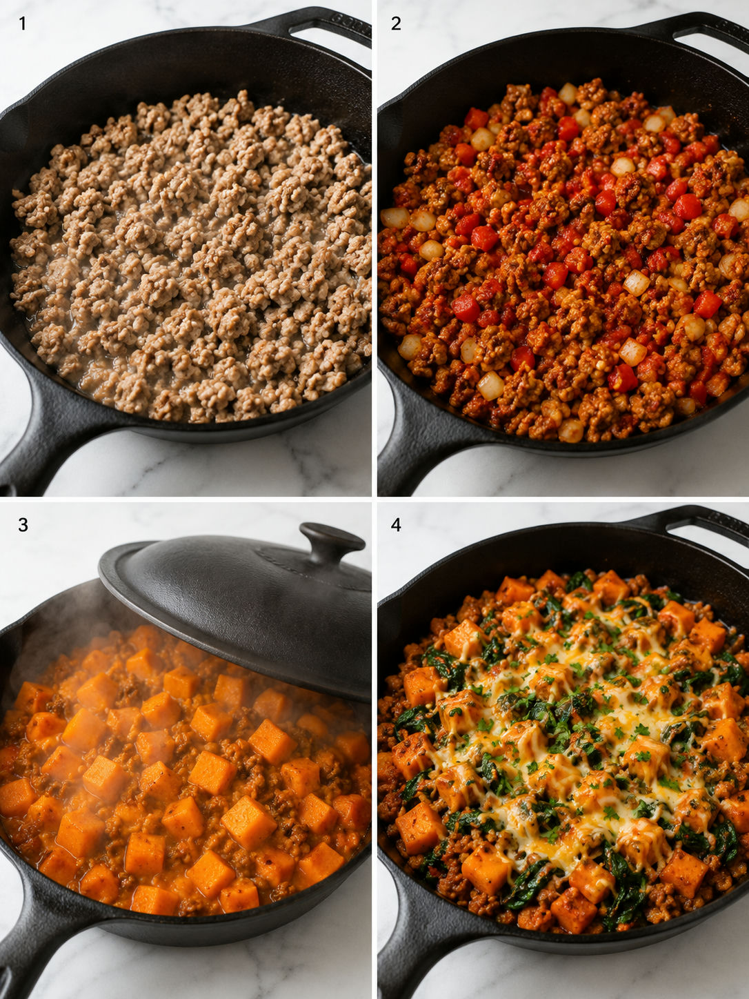 Four cooking steps for ground turkey sweet potato skillet