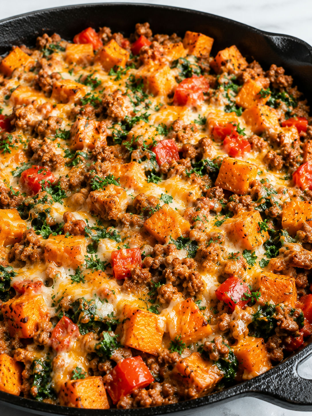 Ground turkey sweet potato skillet filling a cast-iron pan with melted cheese