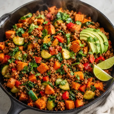 Ground turkey sweet potato skillet with peppers, spinach, cilantro, and avocado
