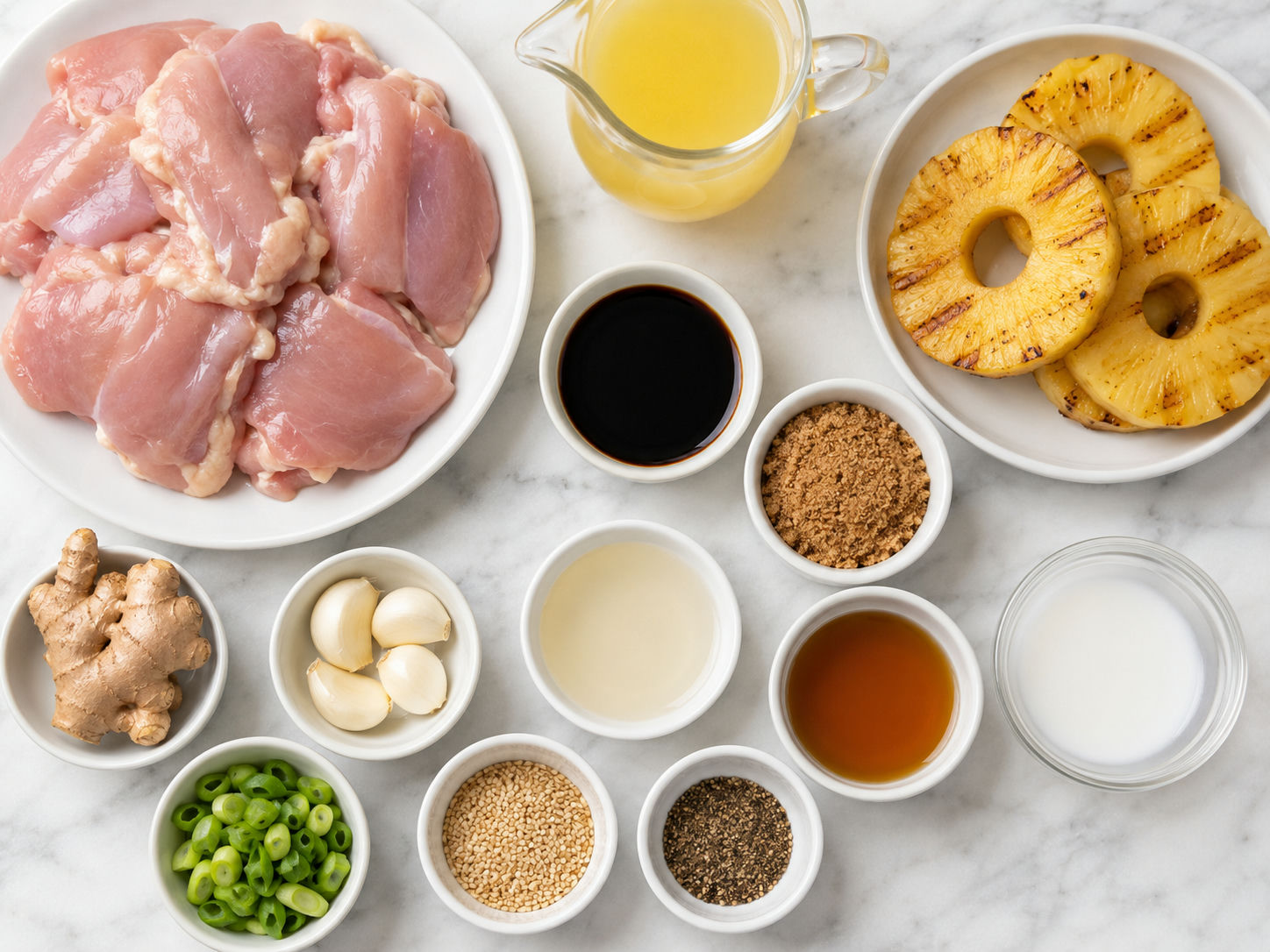 Ingredients for Hawaiian teriyaki chicken with pineapple juice and soy sauce
