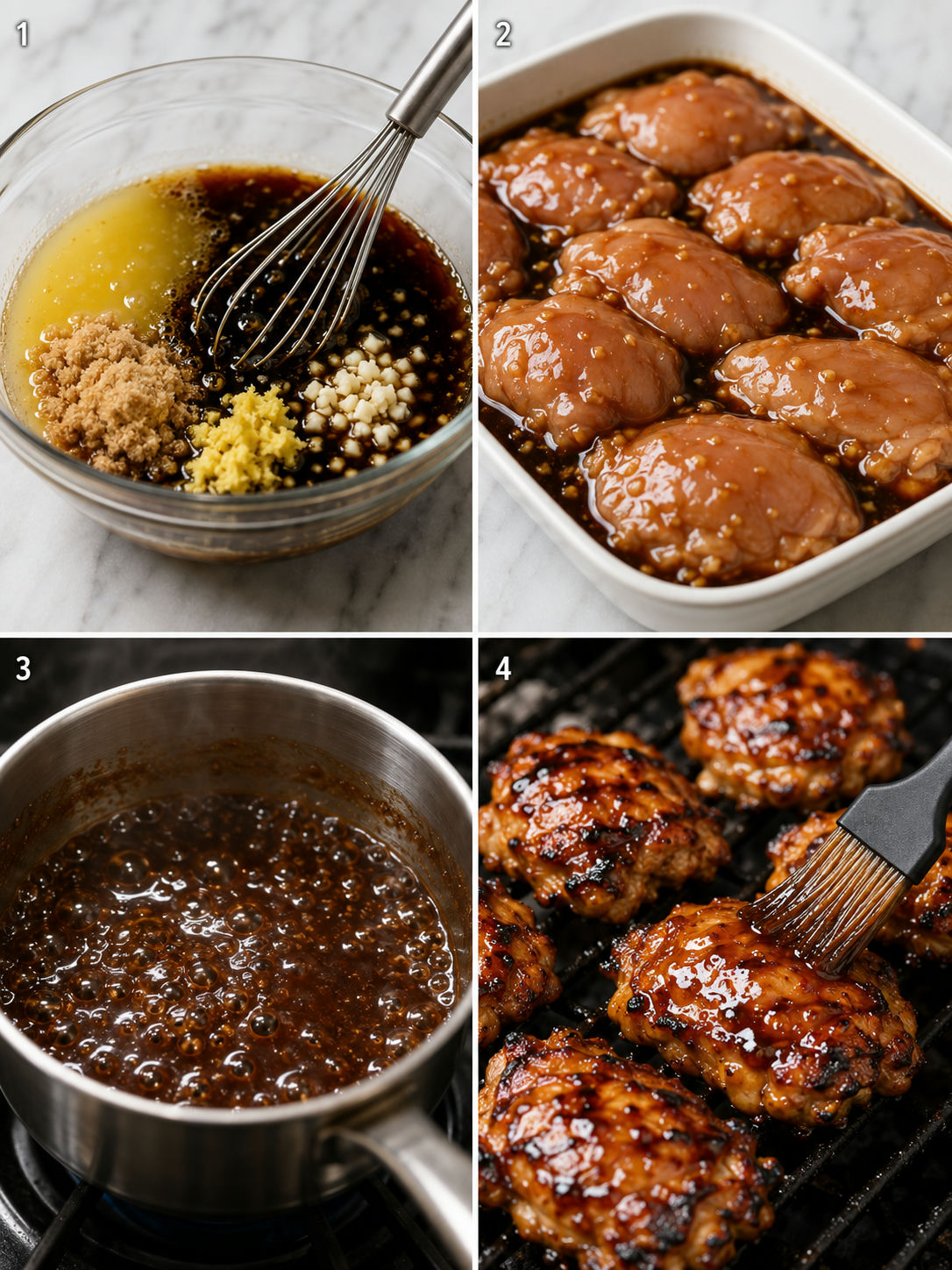 Four steps for marinating, glazing, and grilling Hawaiian teriyaki chicken