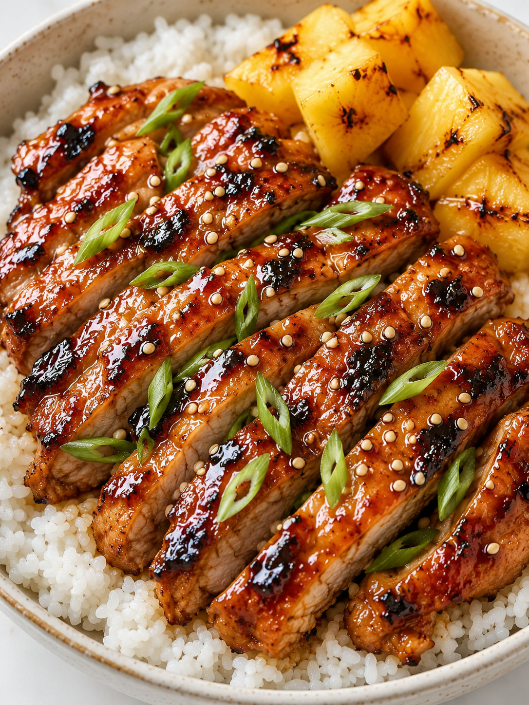 Sticky Hawaiian teriyaki chicken over rice with scallions and pineapple